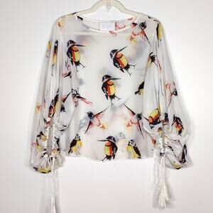 Love Binetti Silk Bird‎ Print Blouse XS Sheer Balloon Sleeve Artsy Luxe